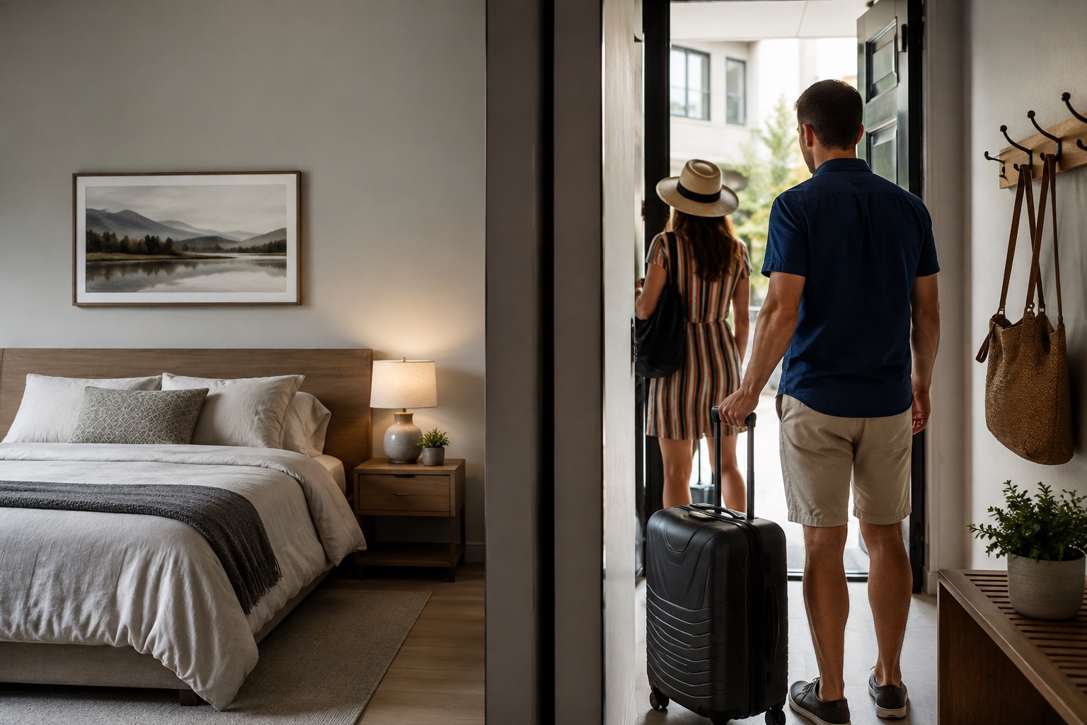 Split view of a furnished rental: a staged bedroom on one side and guests arriving with luggage on the other, illustrating short-term versus mid-term rentals